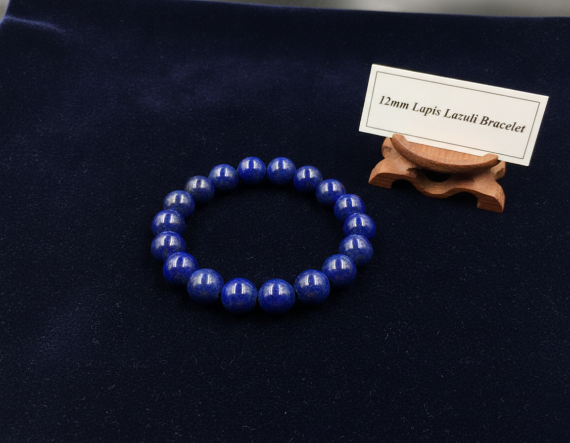 Genuine Lapis Lazuli Bead Bracelet Handcrafted Polished 12mm Natural Stone Jewelry