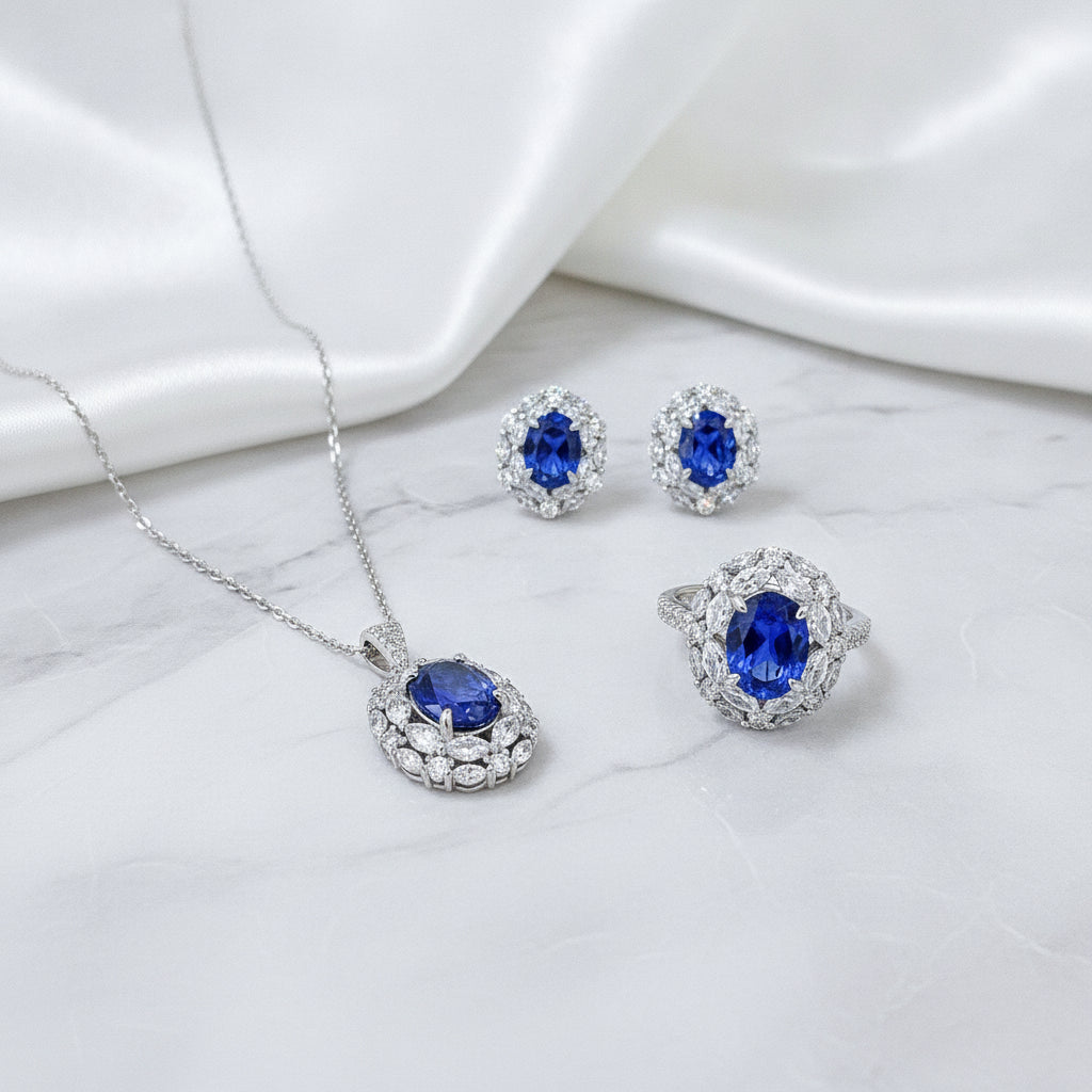 Royal Blue Oval Halo 925 Sterling Silver Necklace