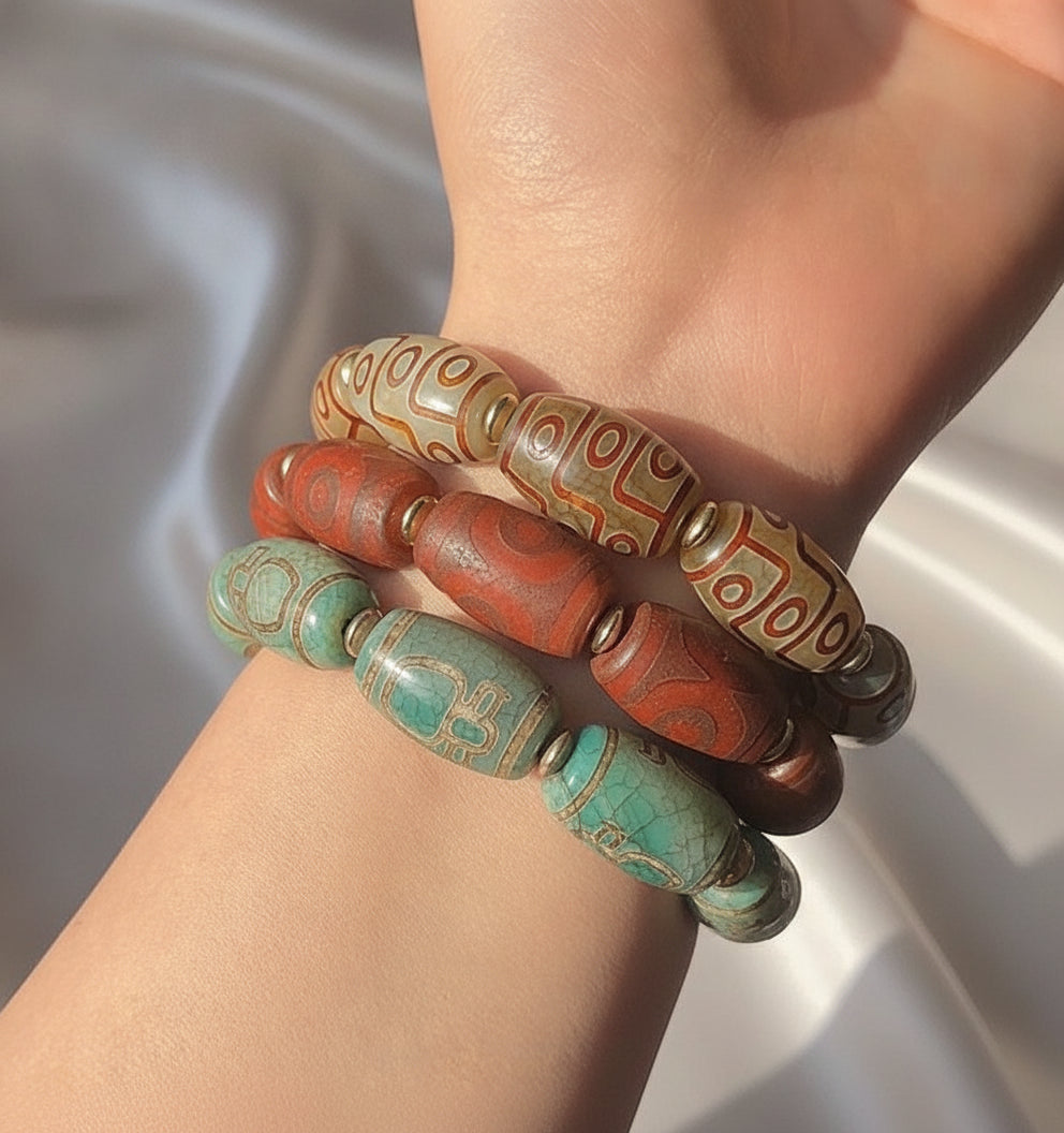 Genuine Natural Aged Polished Agate Tibetan Bead Bracelet Ethnic Meditation Jewelry