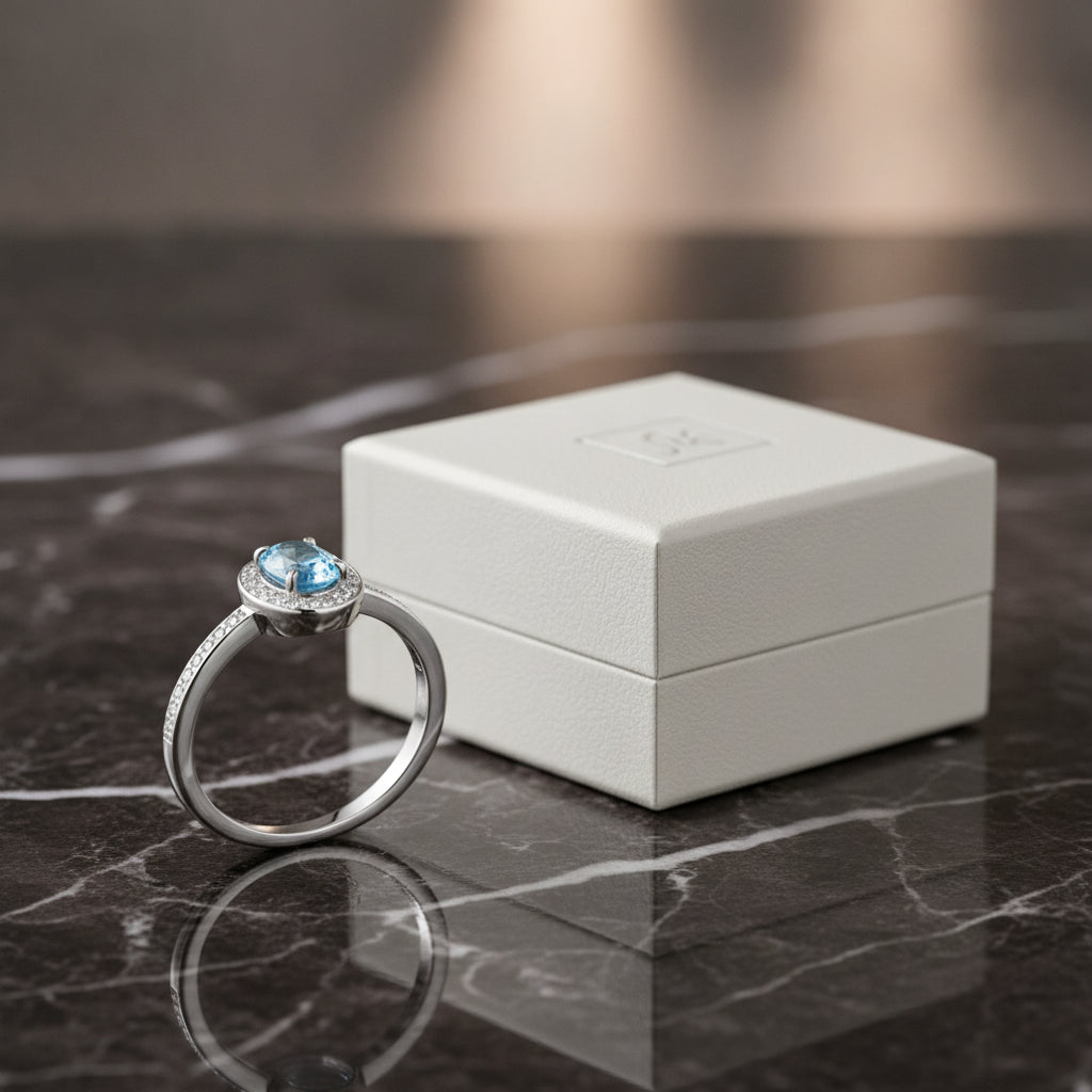 Blue Topaz Halo S925 Platinum Plated Ring For Women, in Silver / Light Blue 2