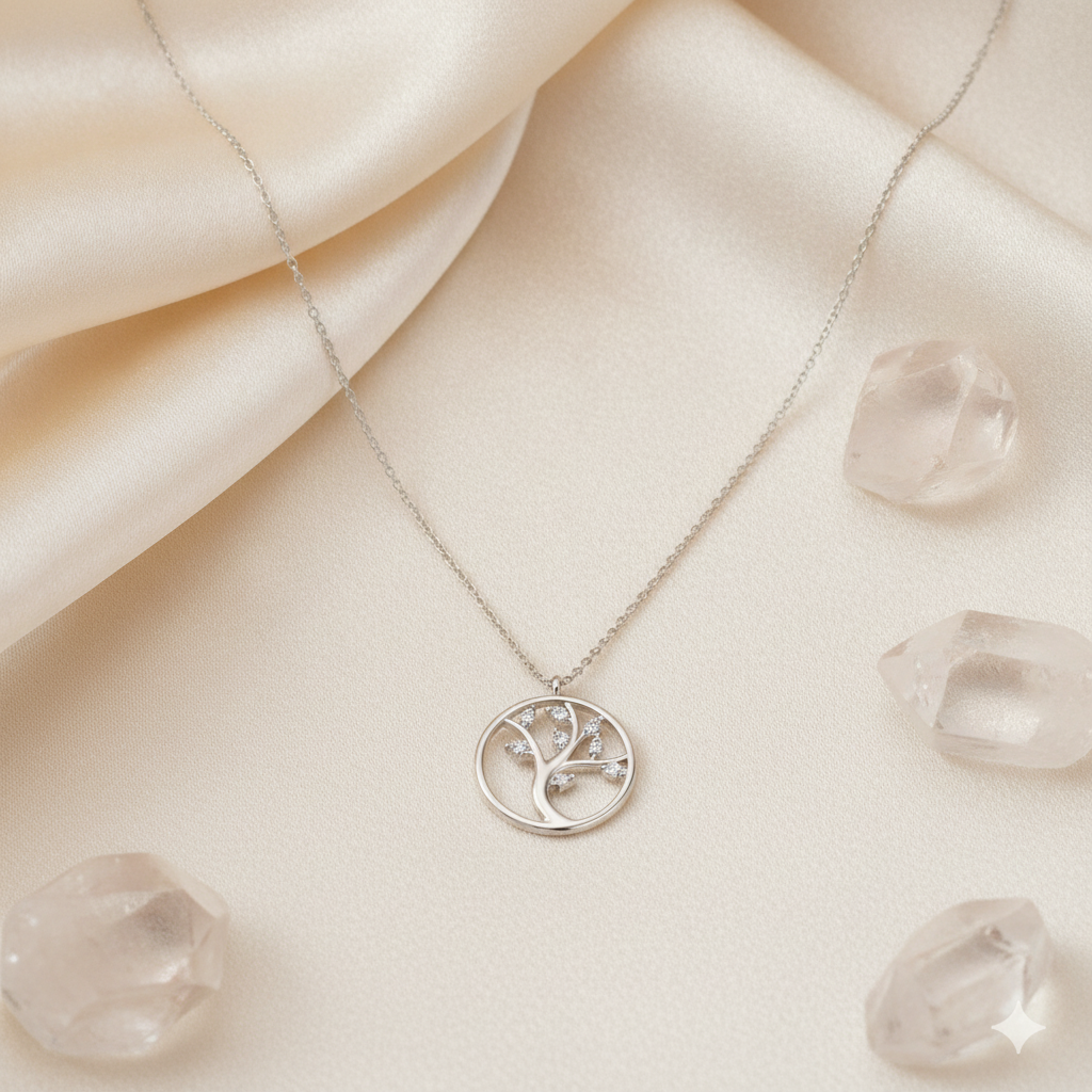 925 Sterling Silver Tree Of Life Swarovski Stone Necklace