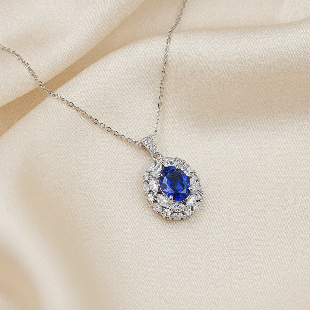 Royal Blue Oval Halo 925 Sterling Silver Necklace