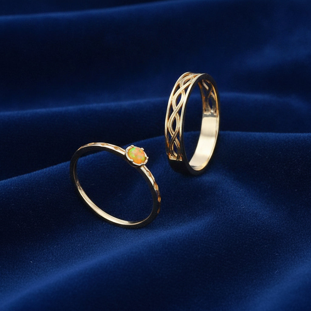 Vintage Twist Natural Opal Gemstone Ring 14k Yellow Gold Plated 925