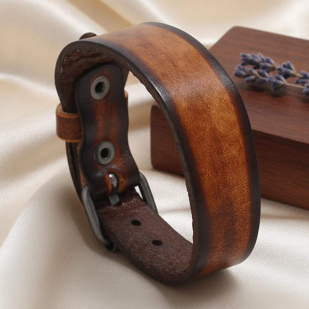 Mens Adjustable Punk Retro Vintage Genuine Leather Wide Wrap Belt Buckle Bracelet