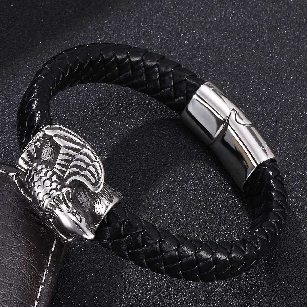 Stainless Steel Braided Leather Bracelet Unisex Bold Eagle Personalized Vintage Punk Jewelry