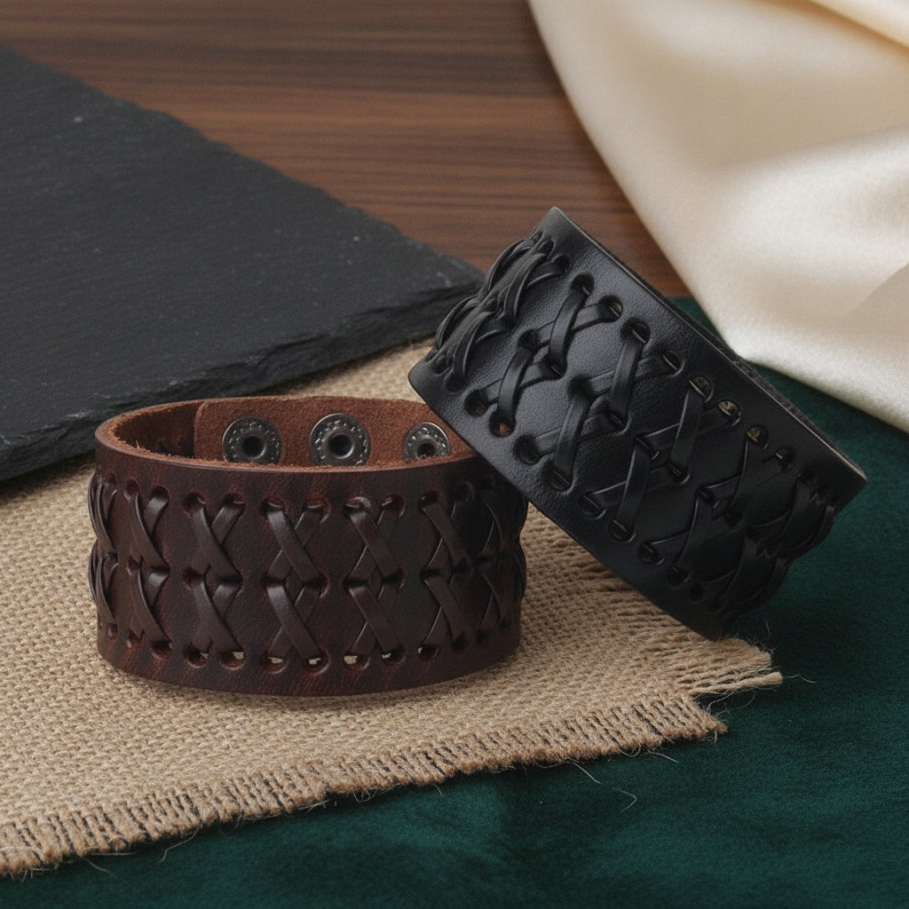Retro Wide Weave Leather Bracelet for Men and Women Unisex Geometric Design Travel Souvenir