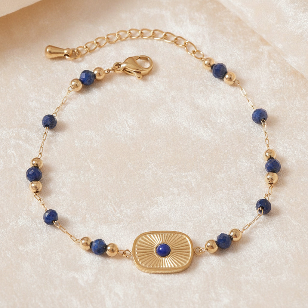 Lapis Lazuli Gold Plated Stainless Steel Trendy Beaded Long Necklace Bracelet Tassel Earrings Set