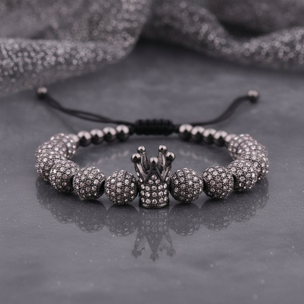 Crown Zircon Lace-up Charm Bracelet for Unisex, in Black