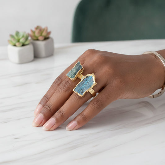 Unisex Natural Stone Irregular Ring with Adjustable Opening featuring Kyanite and Black Tourmaline