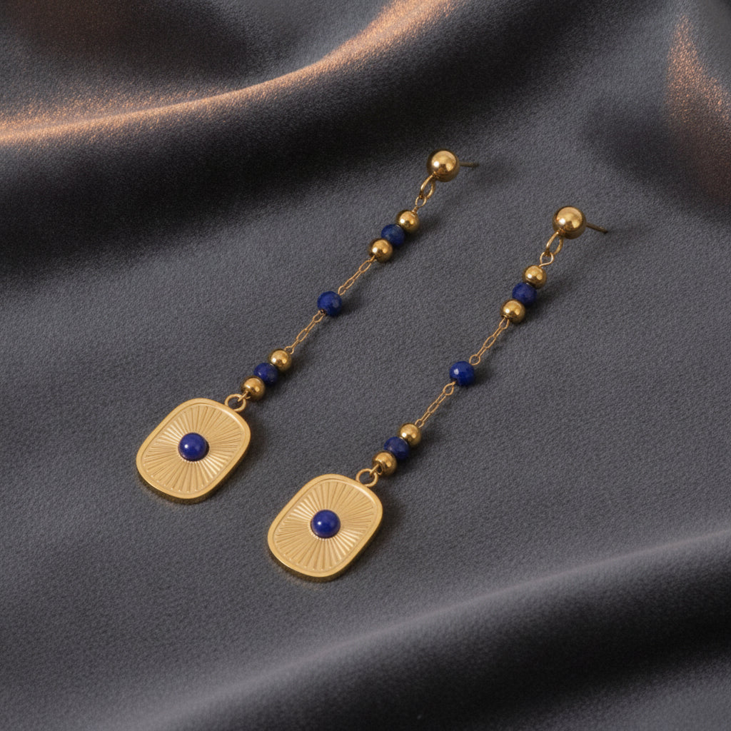 Lapis Lazuli Gold Plated Stainless Steel Trendy Beaded Long Necklace Bracelet Tassel Earrings Set