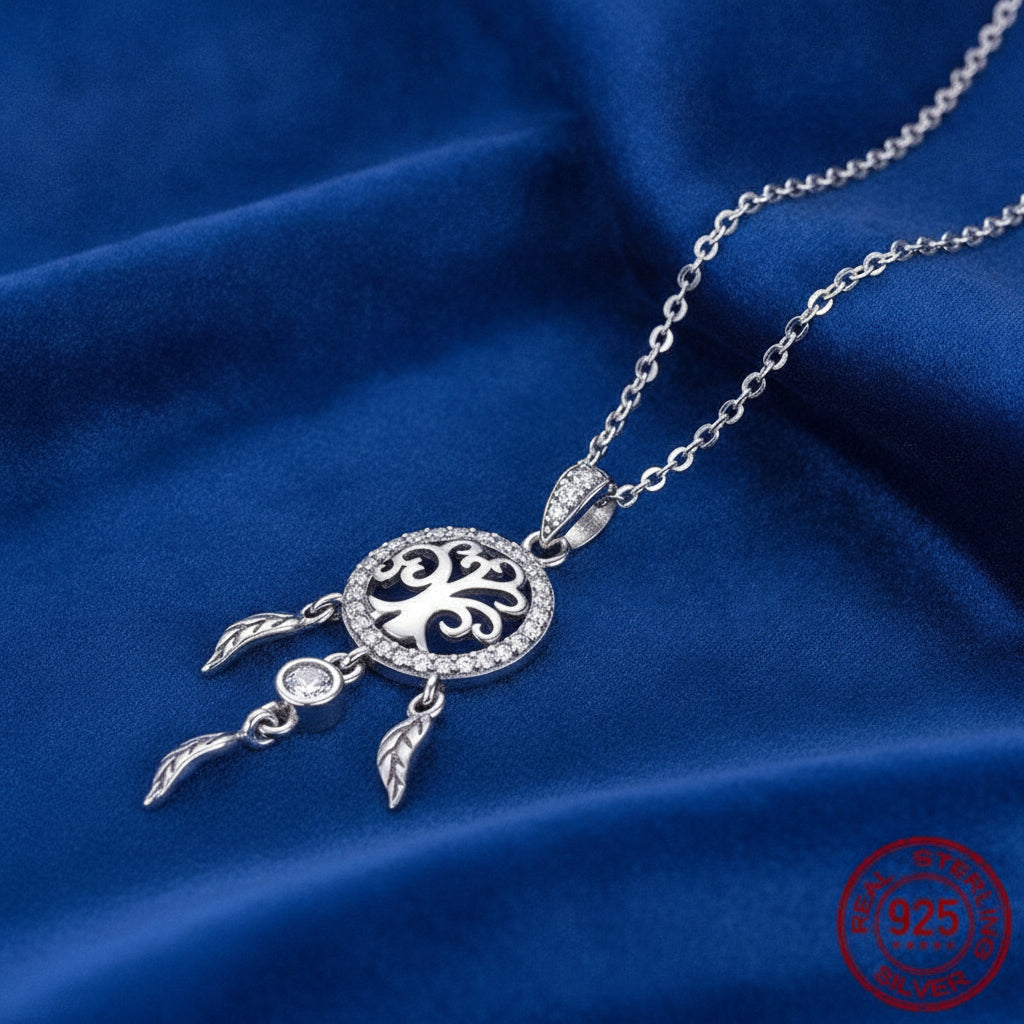 Silver Diamond Inlaid Tree Of Life Necklace Unisex