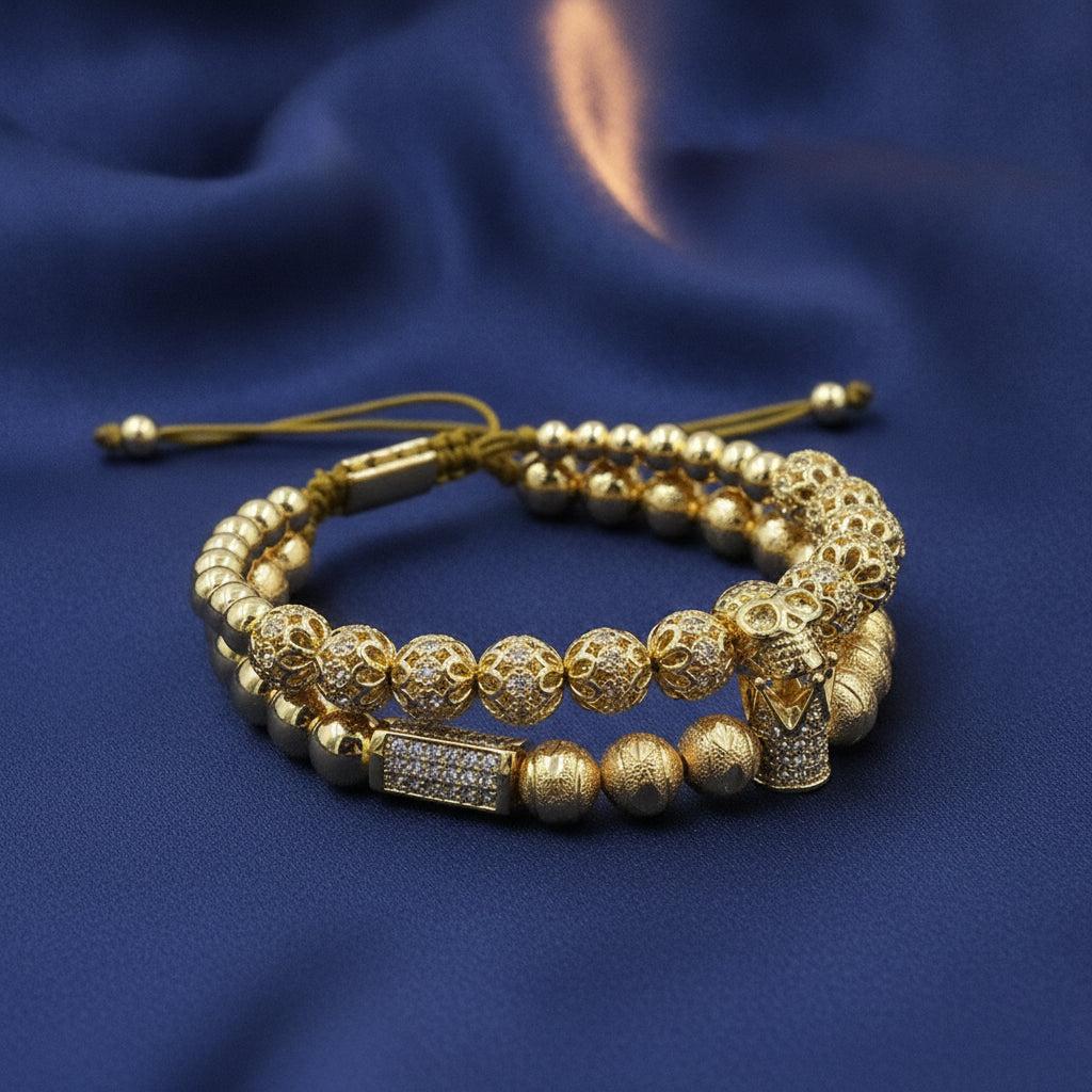 Copper Micro-inlaid Zircon Macrame Bracelet for Men, in Crown Skull