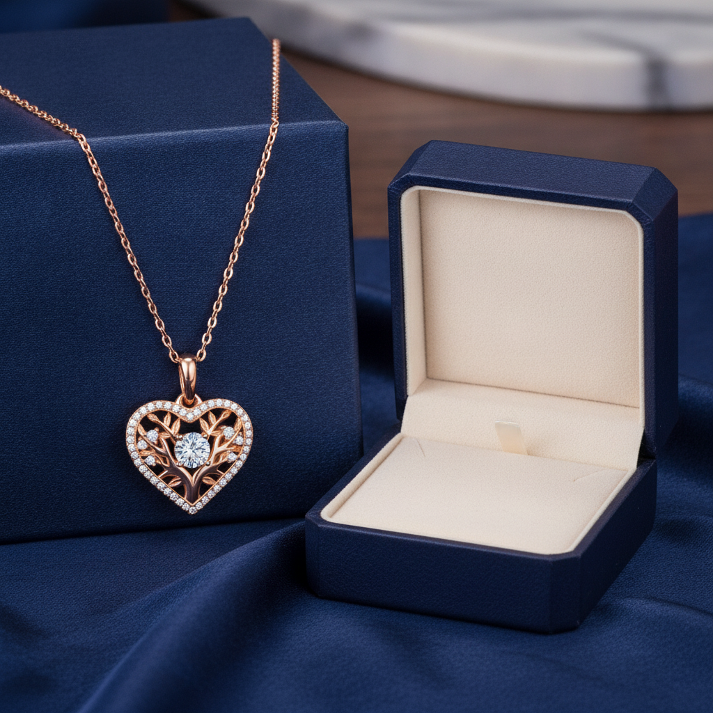 Platinum Plated Tree Of Life Heart Women's Necklace, in Rose gold