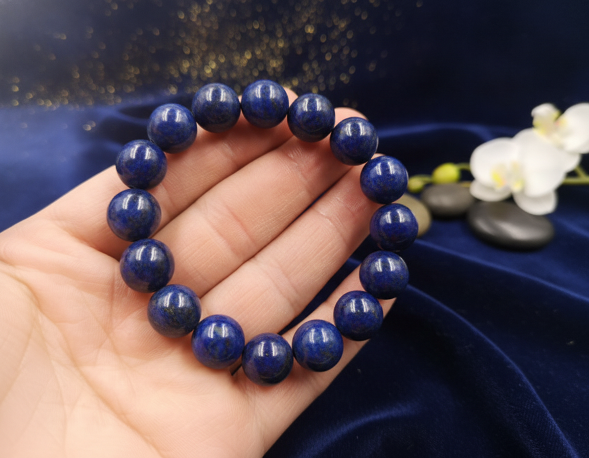 Genuine Lapis Lazuli Bead Bracelet Handcrafted Polished 12mm Natural Stone Jewelry