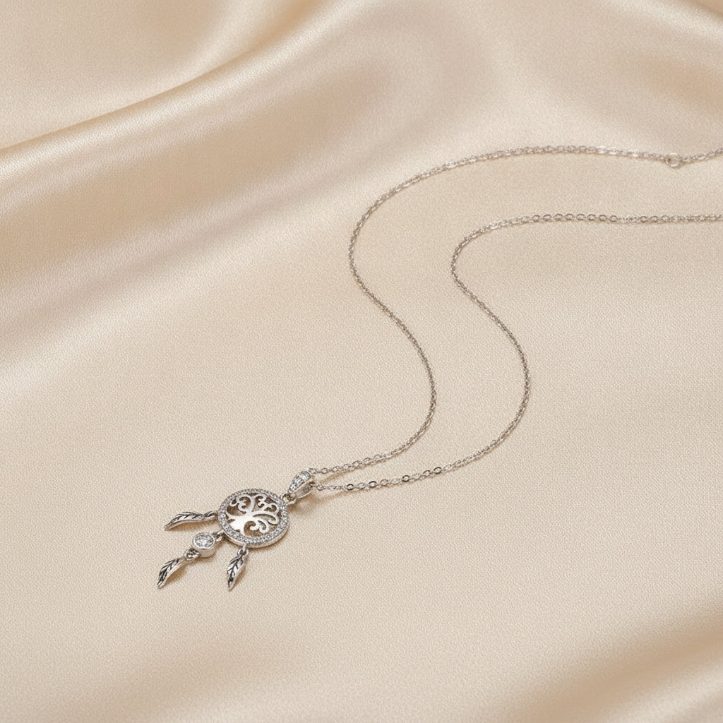 Silver Diamond Inlaid Tree Of Life Necklace Unisex