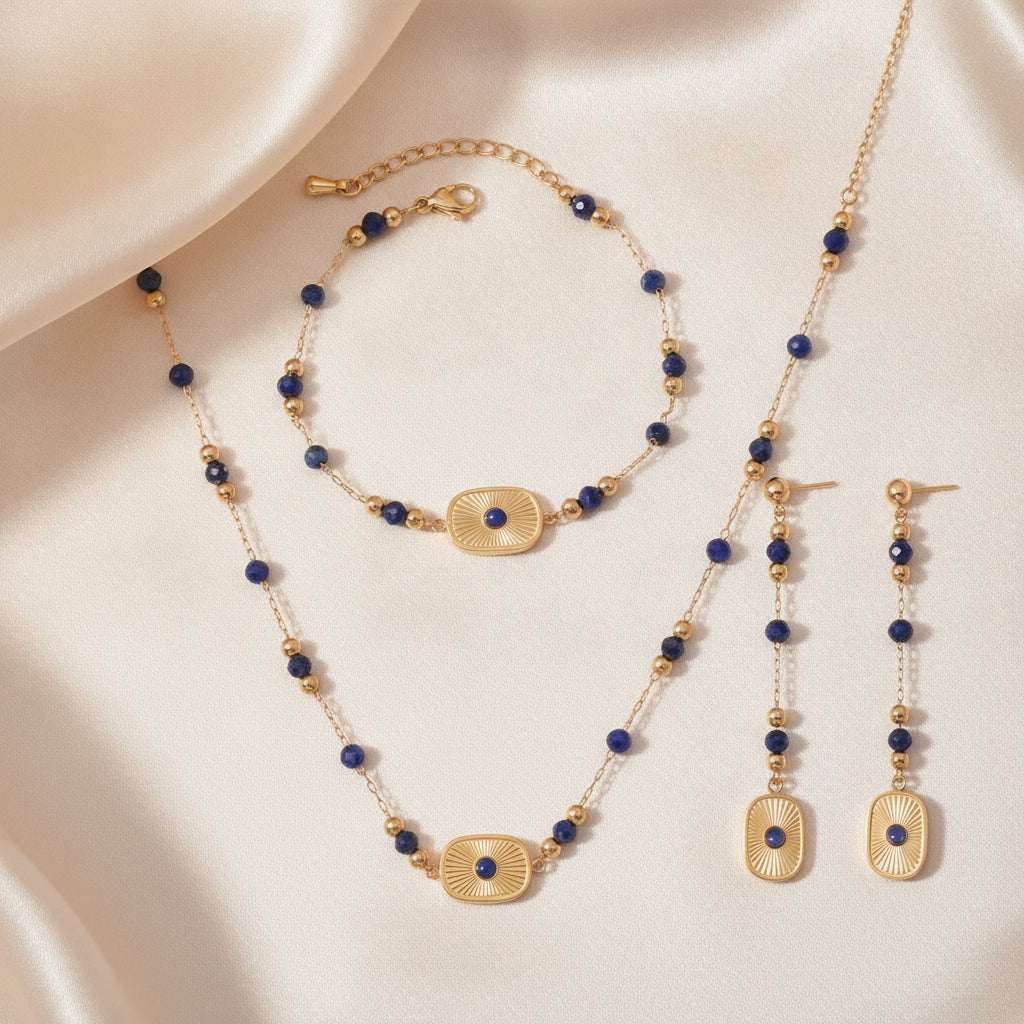 Lapis Lazuli Gold Plated Stainless Steel Trendy Beaded Long Necklace Bracelet Tassel Earrings Set