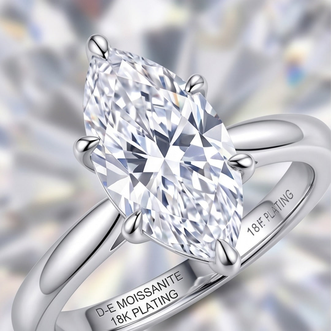 Minimalist Marquise Moissanite Ring - Rhodium Plated 925 Sterling Silver Geometric Casual Ring for Women