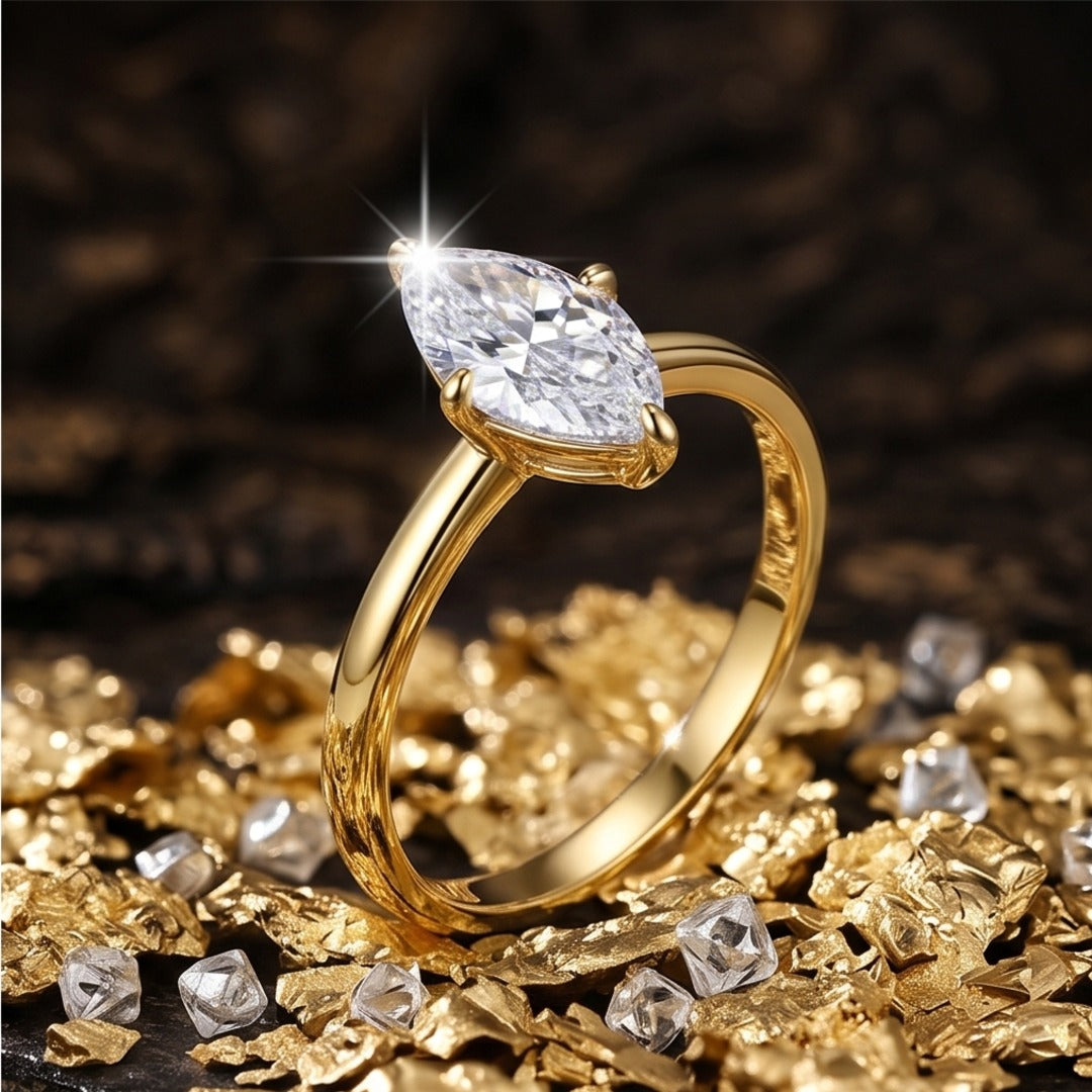 Minimalist Marquise Moissanite Ring - Rhodium Plated 925 Sterling Silver Geometric Casual Ring for Women