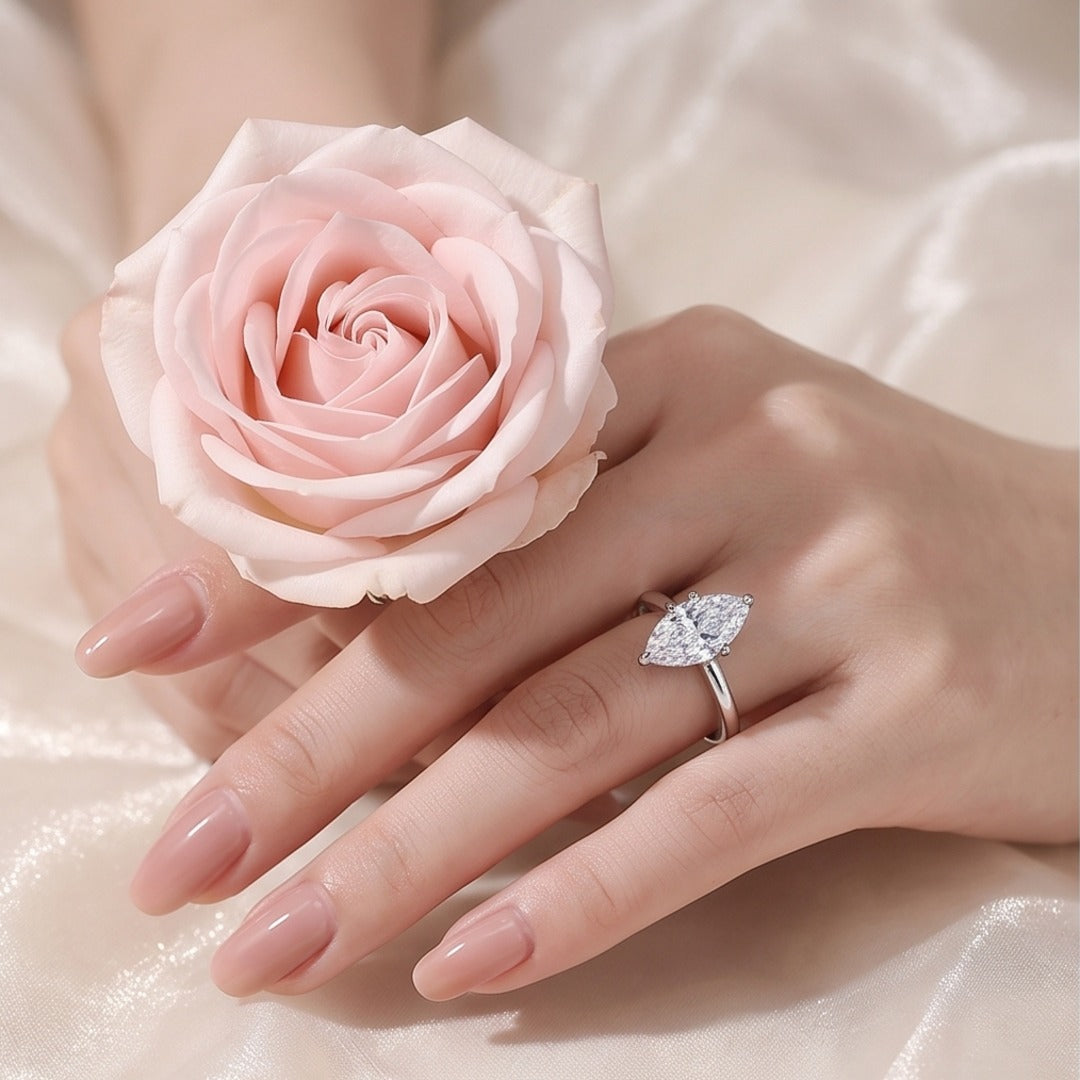 Minimalist Marquise Moissanite Ring - Rhodium Plated 925 Sterling Silver Geometric Casual Ring for Women