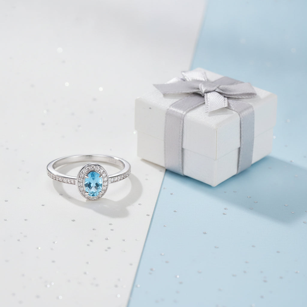 Blue Topaz Halo S925 Platinum Plated Ring For Women