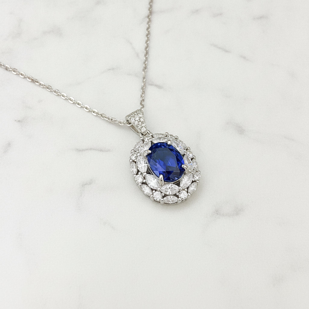 Royal Blue Oval Halo 925 Sterling Silver Necklace