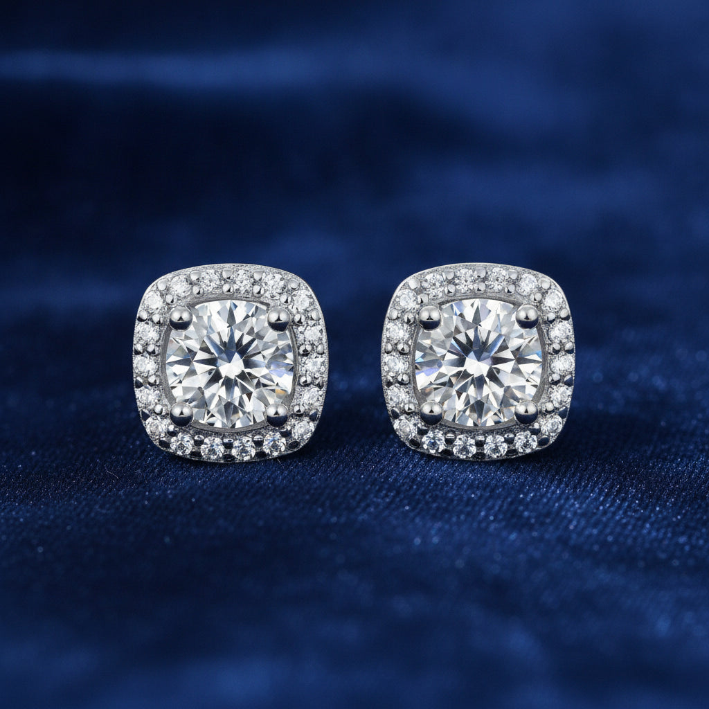 Square Moissanite Platinum Plated S925 Silver Stud Earrings