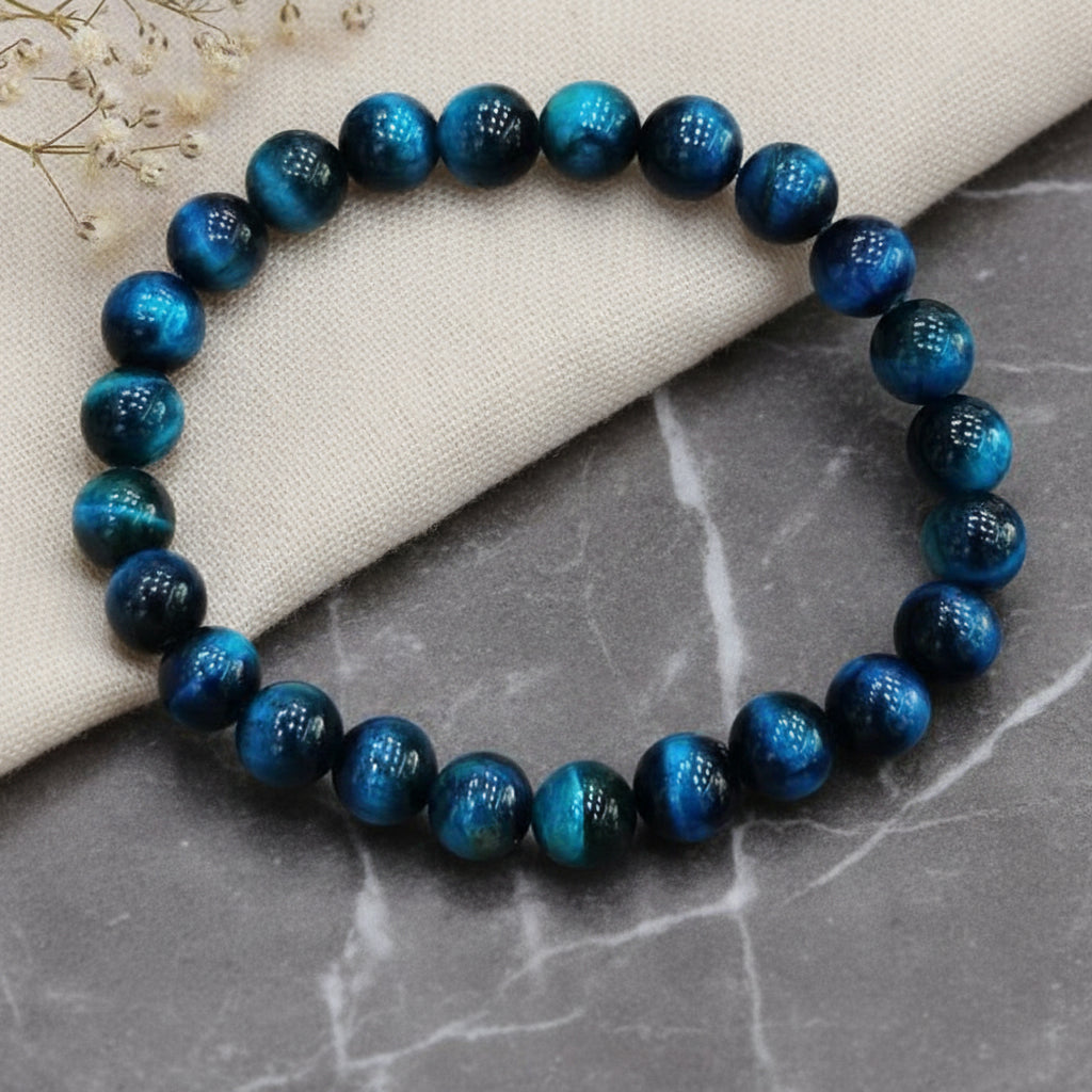 Unisex Green Gold Tiger Eye Lapis Lazuli Natural Stone Beaded Bracelet Single Circle Fashion