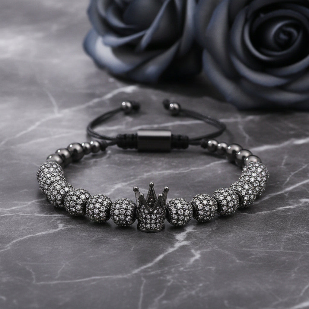 Crown Zircon Lace-up Charm Bracelet for Unisex, in Black B