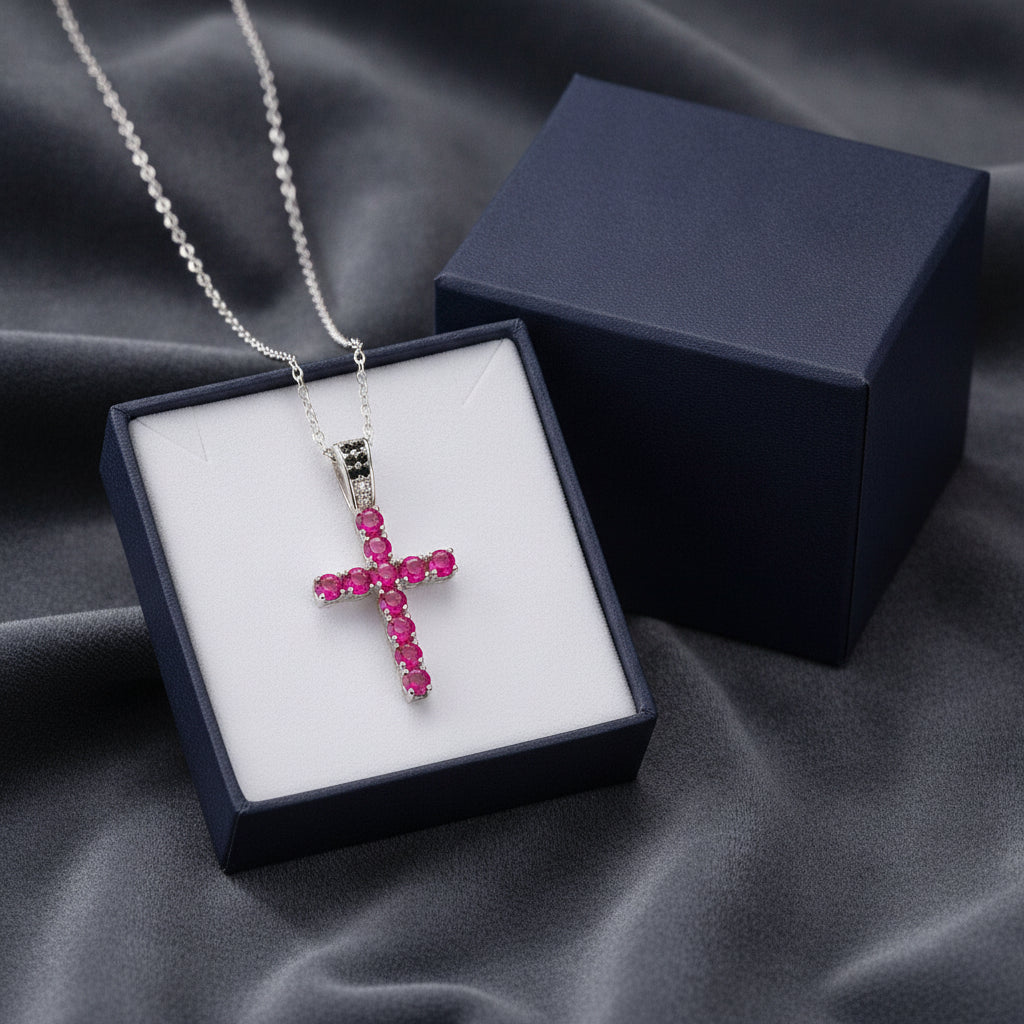 Platinum Plated Ruby and Black Moissanite Cross Necklace, in Cultured rubies