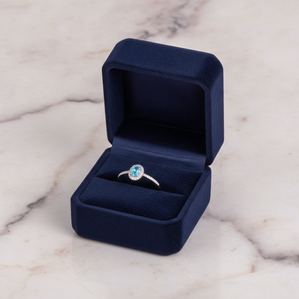 Blue Topaz Halo S925 Platinum Plated Ring For Women
