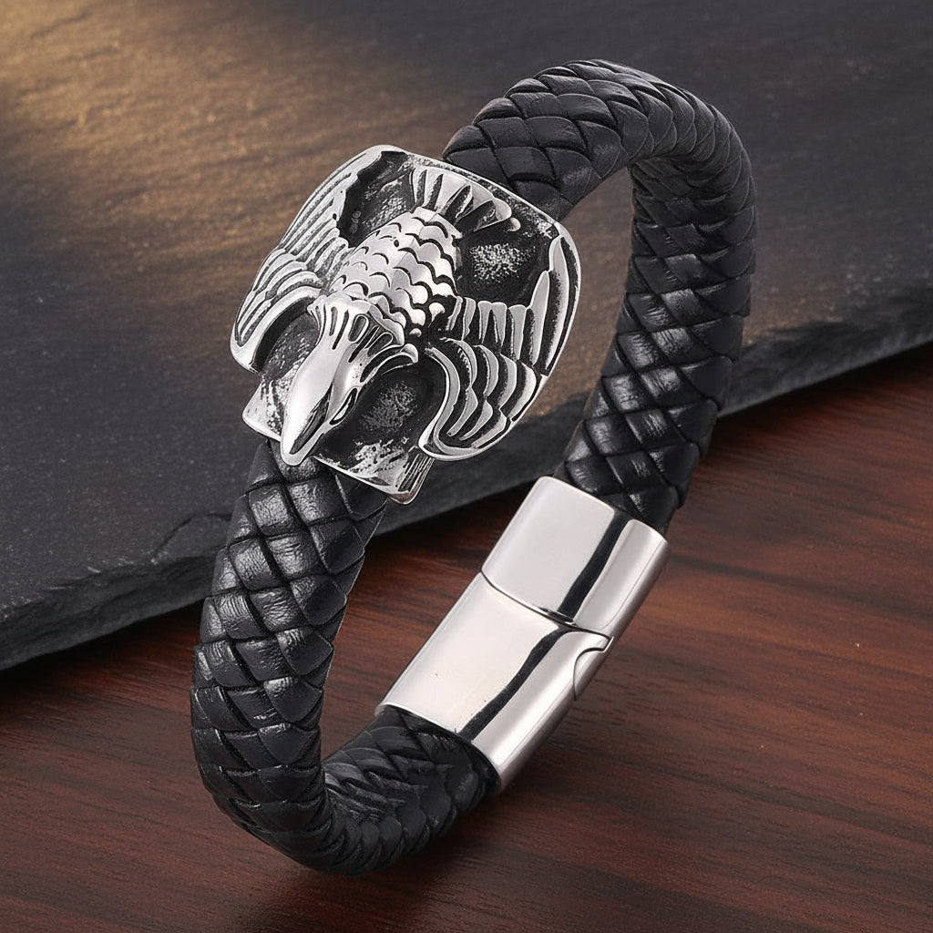 Stainless Steel Braided Leather Bracelet Unisex Bold Eagle Personalized Vintage Punk Jewelry