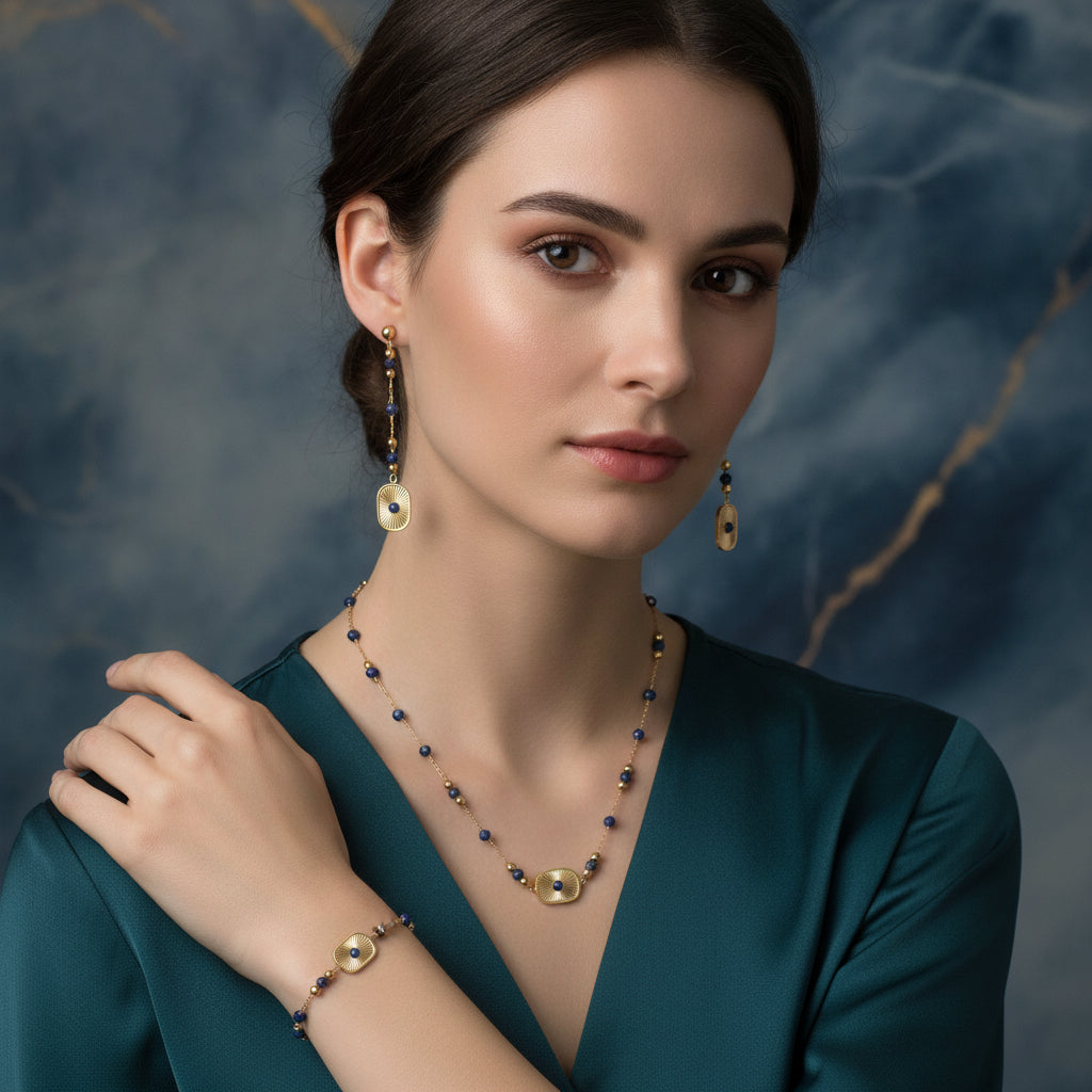 Lapis Lazuli Gold Plated Stainless Steel Trendy Beaded Long Necklace Bracelet Tassel Earrings Set