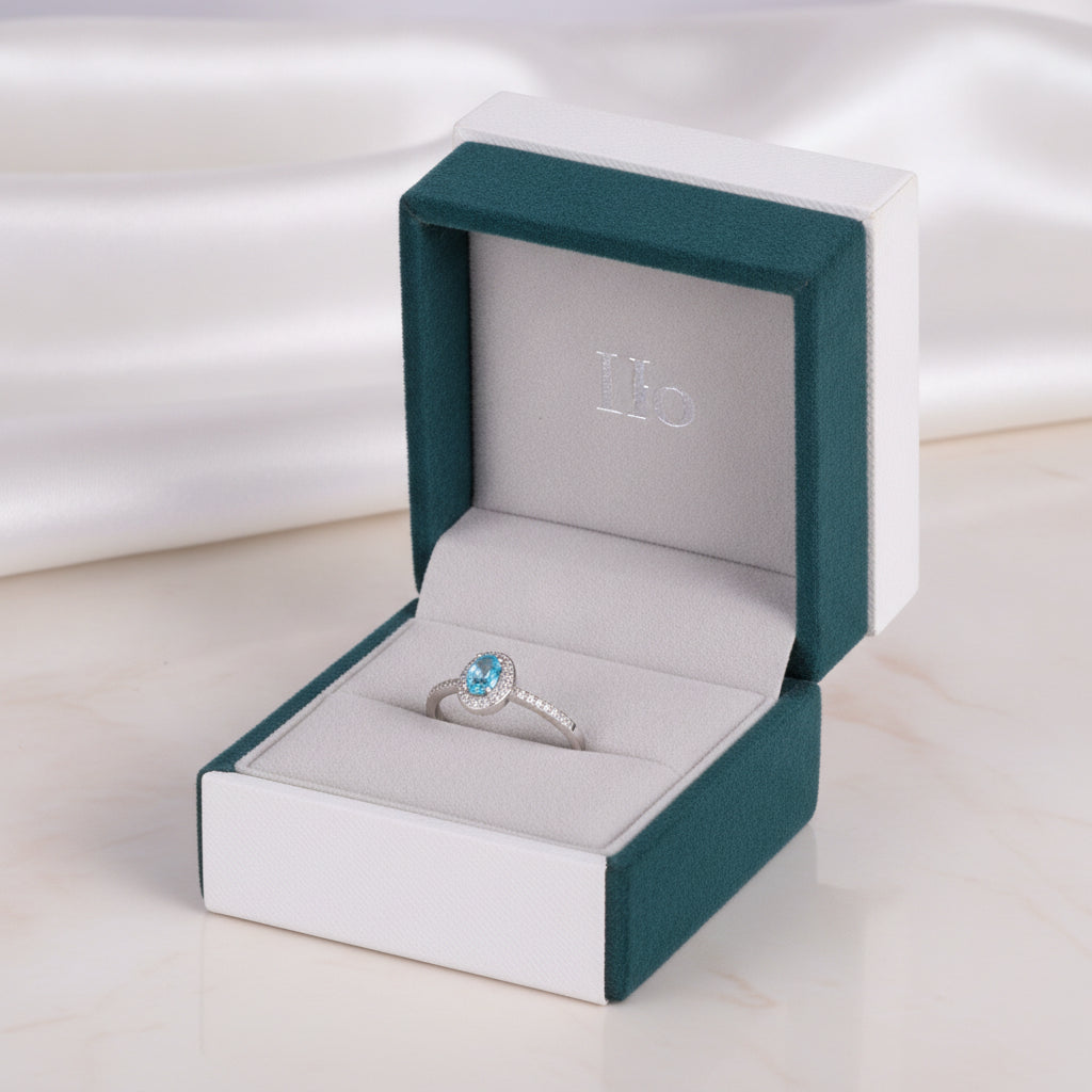 Blue Topaz Halo S925 Platinum Plated Ring For Women