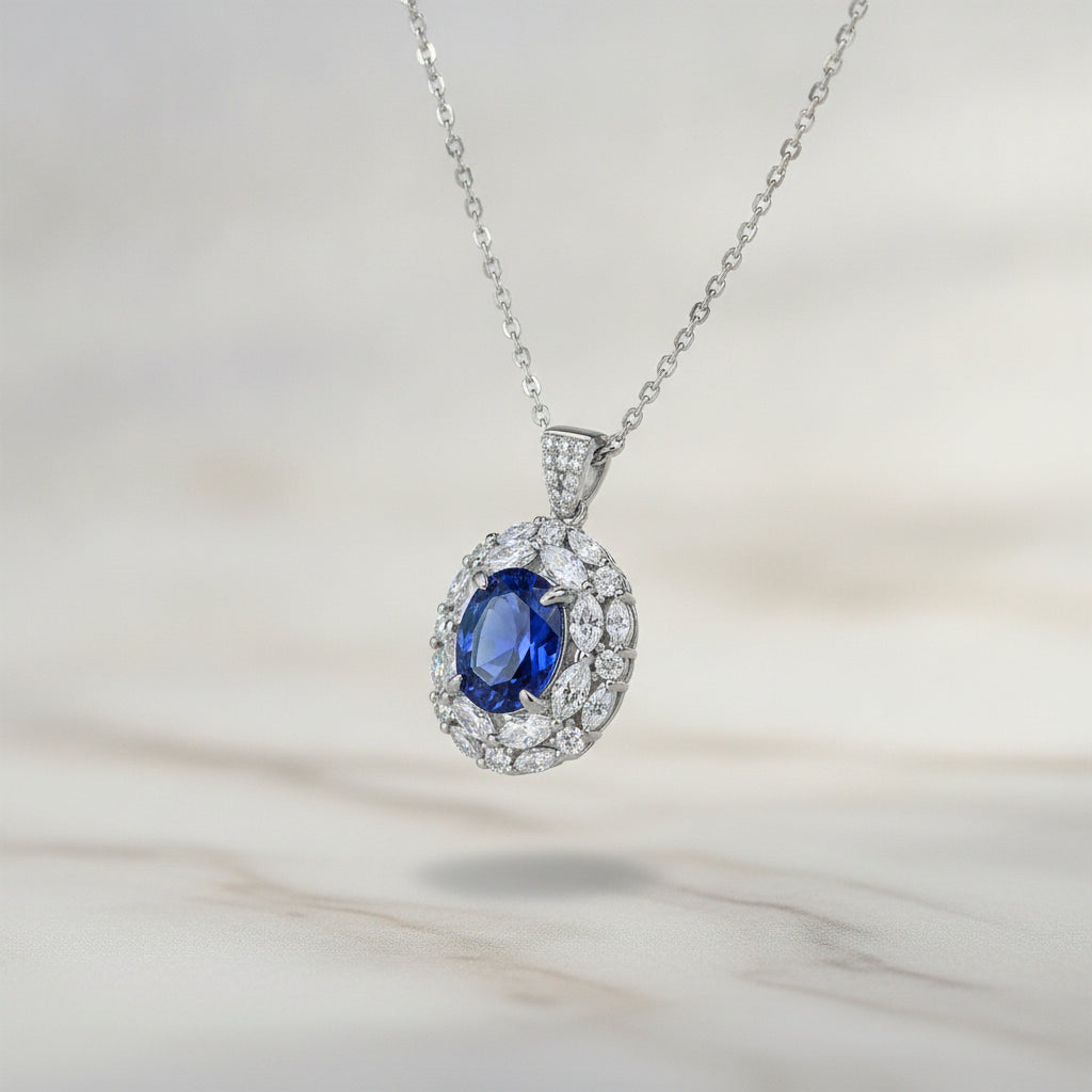 Royal Blue Oval Halo 925 Sterling Silver Necklace