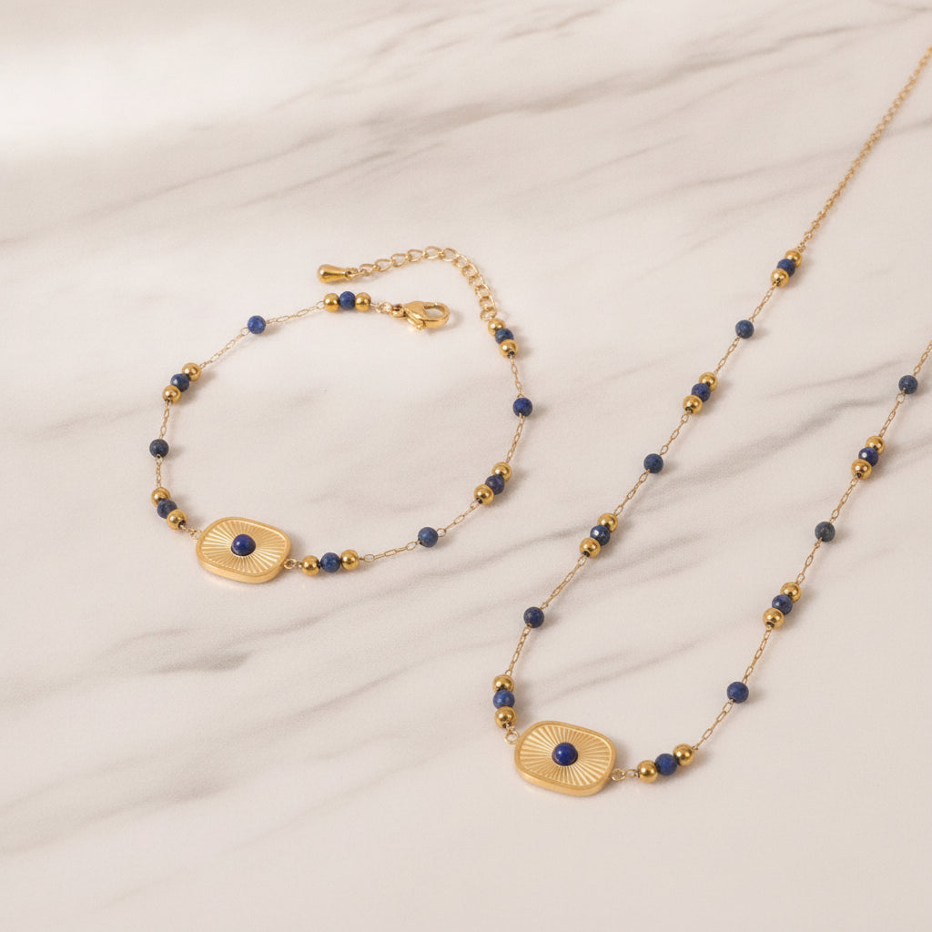 Lapis Lazuli Gold Plated Stainless Steel Trendy Beaded Long Necklace Bracelet Tassel Earrings Set