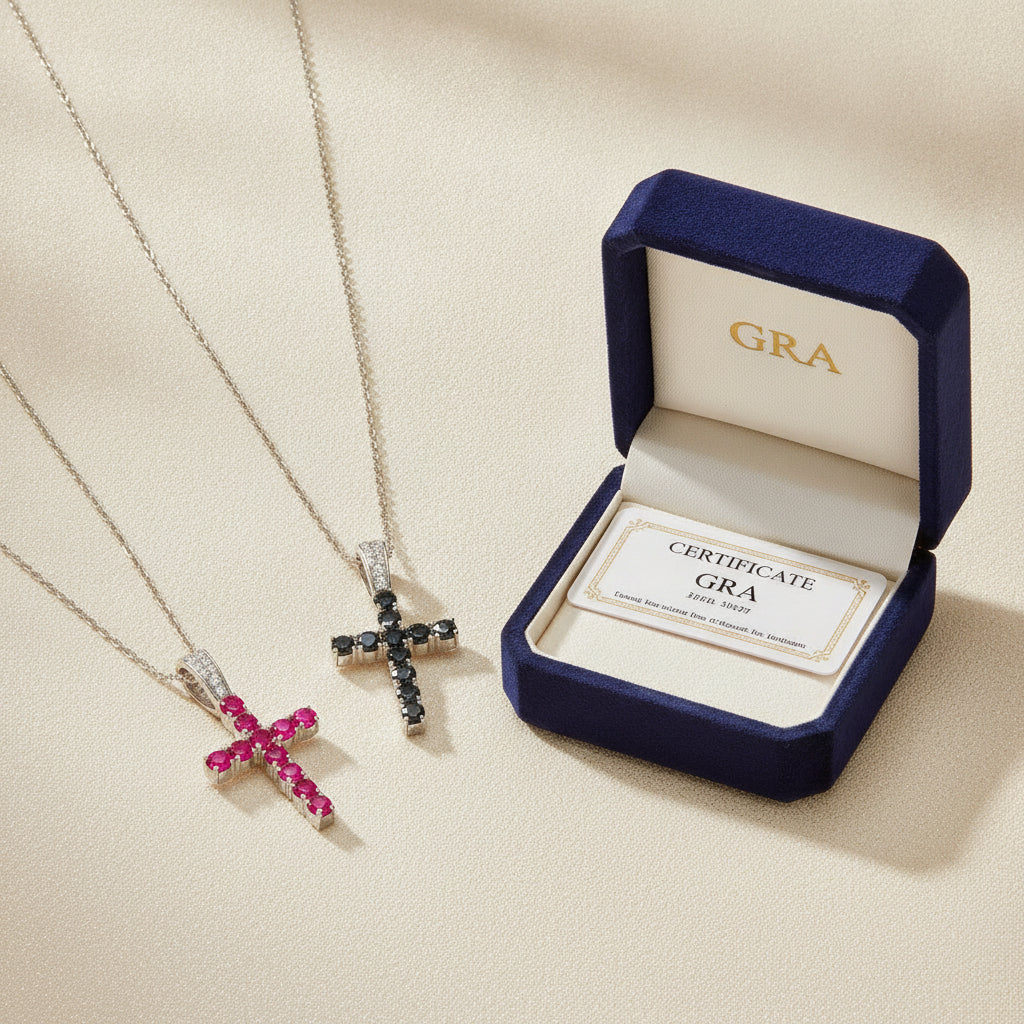 Platinum Plated Ruby and Black Moissanite Cross Necklace