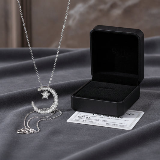 Platinum Plated S925 Sterling Silver Star Moon Moissanite Necklace, in Platinum gold