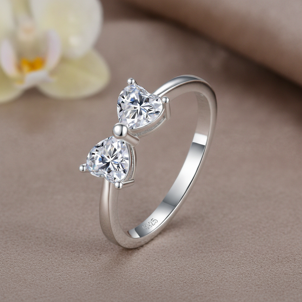 Platinum Plated S925 Silver Moissanite Heart Bow Ring, in Silver / Clear 3