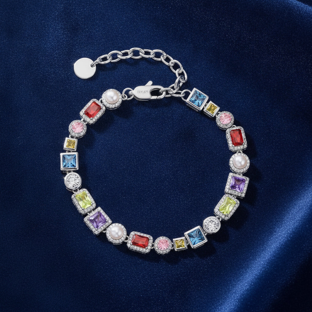 Colored Zircon Bracelet For Men, in Shell Pearl Silver