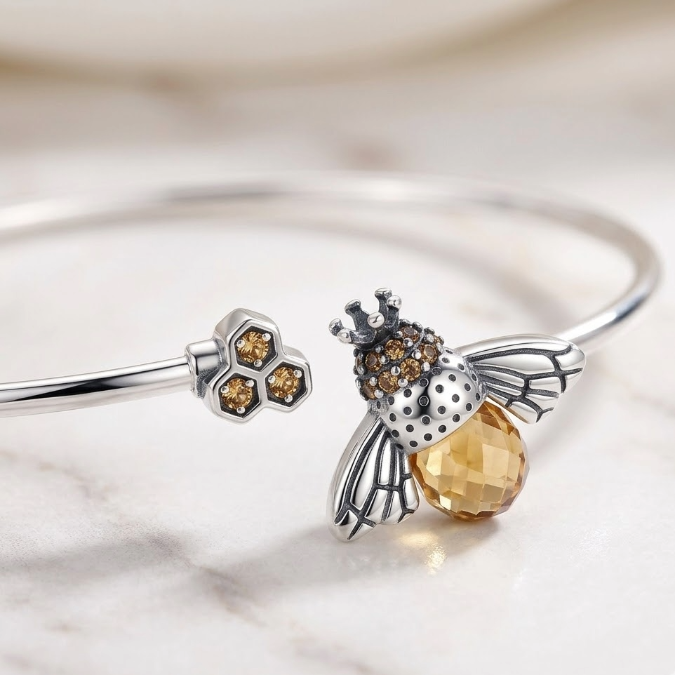 The Imperial Bee Open Cuff | S925 Sterling Silver & Amber Zirconia