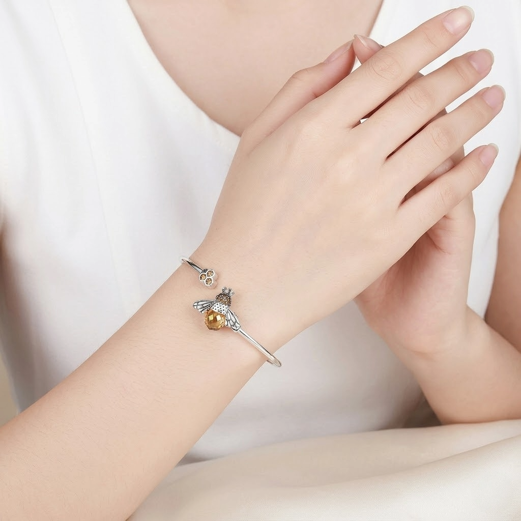 The Imperial Bee Open Cuff | S925 Sterling Silver & Amber Zirconia