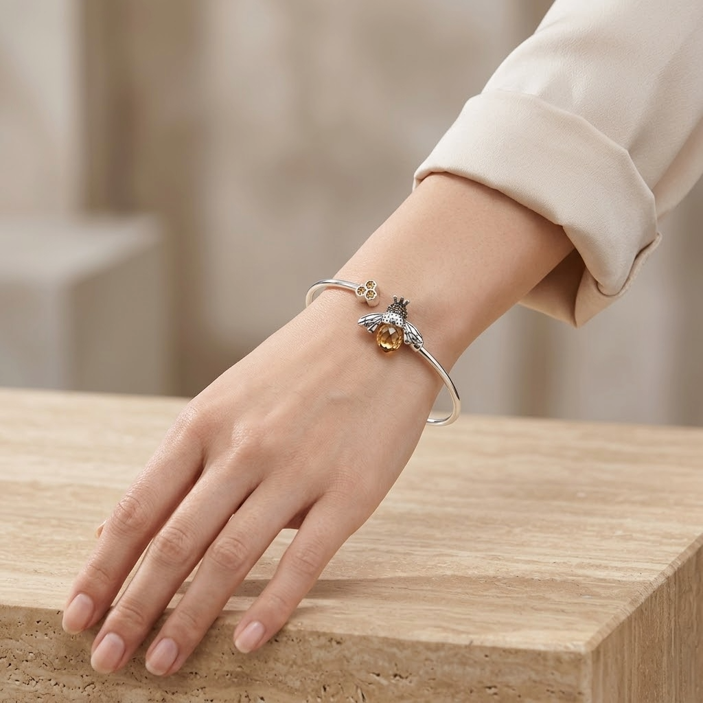 The Imperial Bee Open Cuff | S925 Sterling Silver & Amber Zirconia