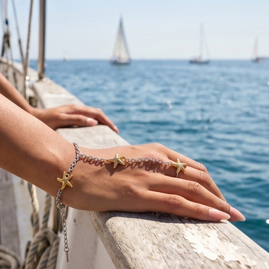 Two-Tone Starfish Finger Chain Slave Bracelet - Light Luxury Gold and Silver Geometric Stainless Steel Hand Chain for Women