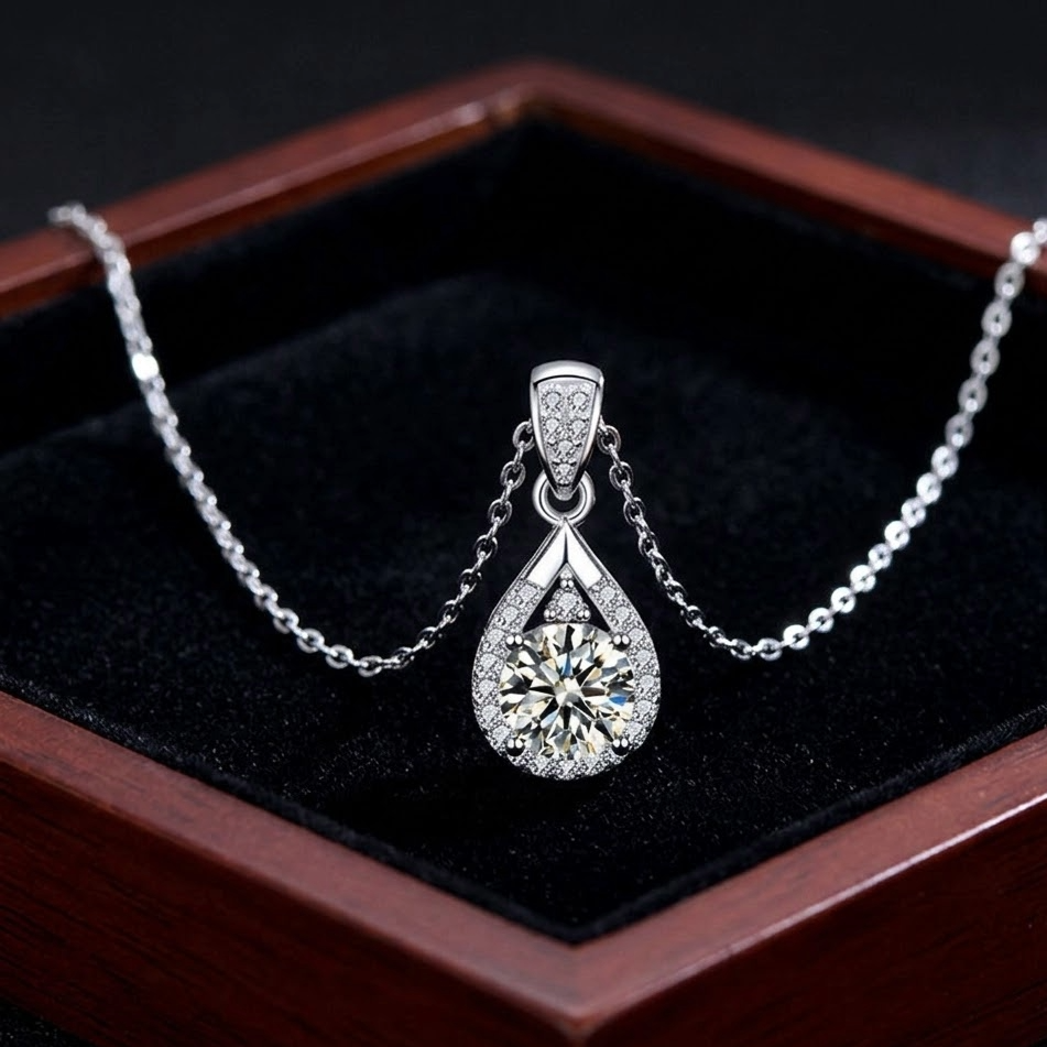 The Lachlan Teardrop Halo Necklace | 1-Carat Moissanite in S925 Sterling Silver