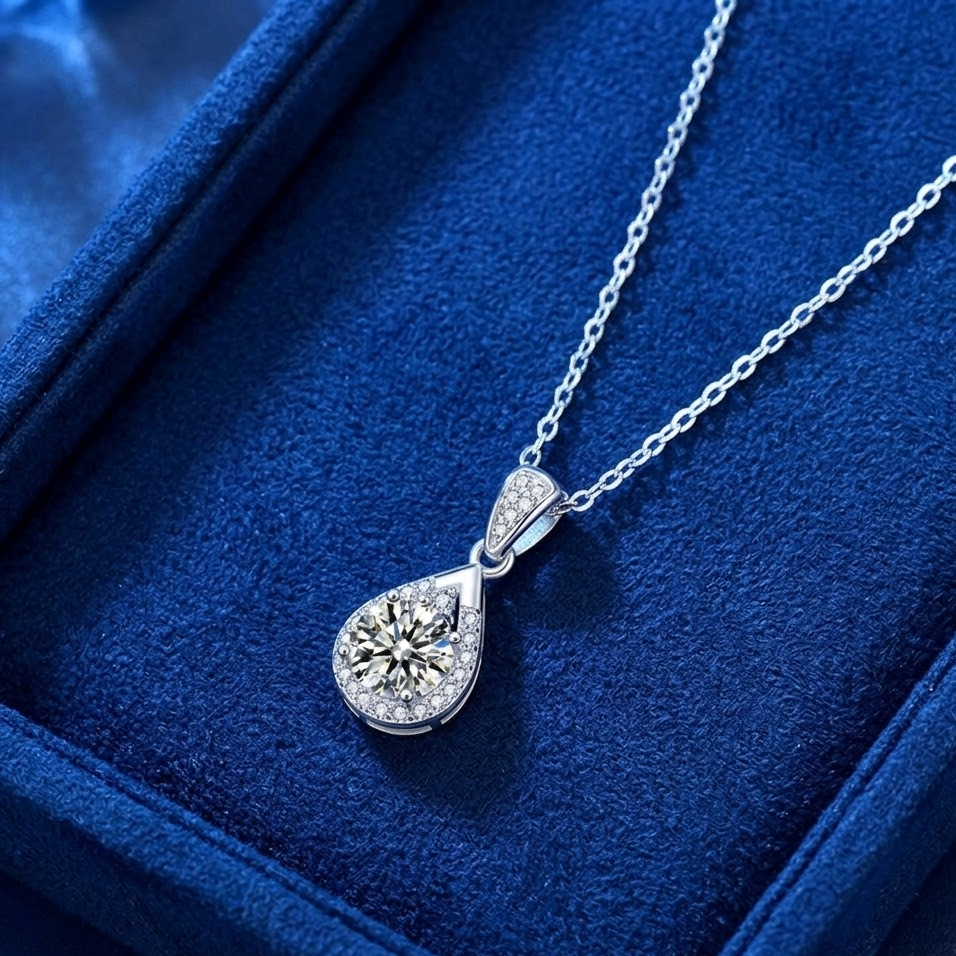 The Lachlan Teardrop Halo Necklace | 1-Carat Moissanite in S925 Sterling Silver