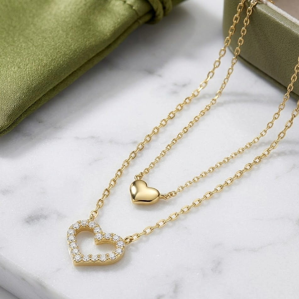 The Amora Twin Heart Layered Necklace | 18K Gold Vermeil & Zirconia