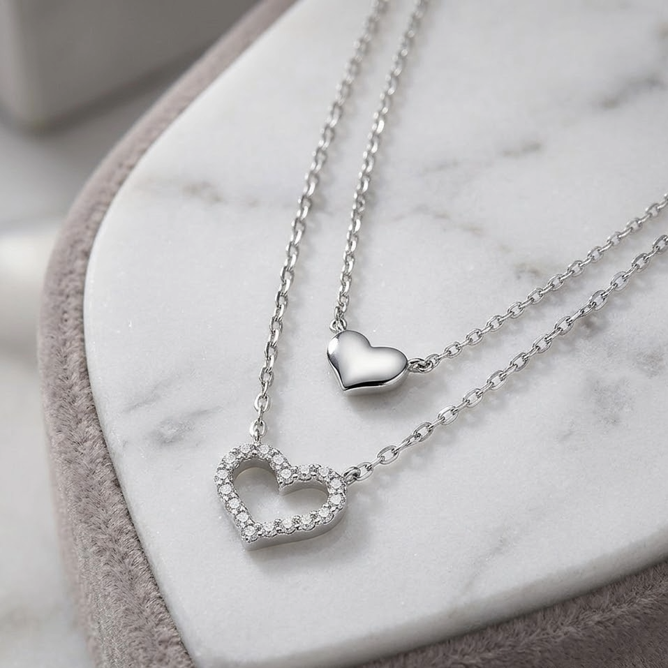 The Amora Twin Heart Layered Necklace | 18K Gold Vermeil & Zirconia