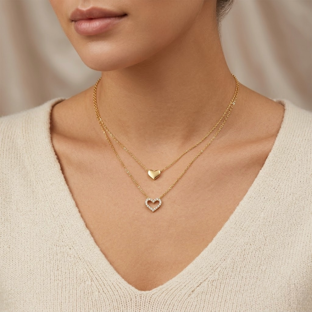 The Amora Twin Heart Layered Necklace | 18K Gold Vermeil & Zirconia