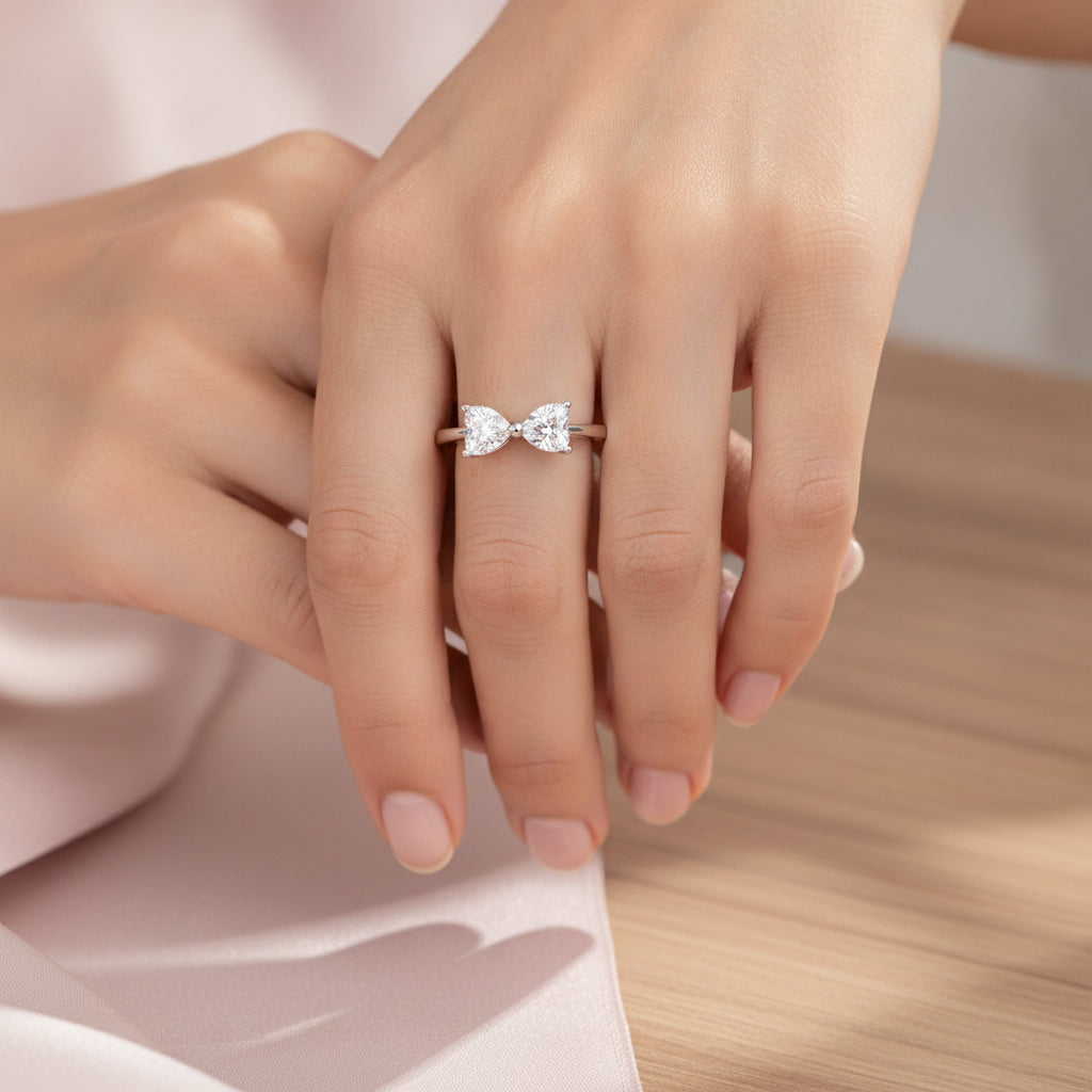 Platinum Plated S925 Silver Moissanite Heart Bow Ring