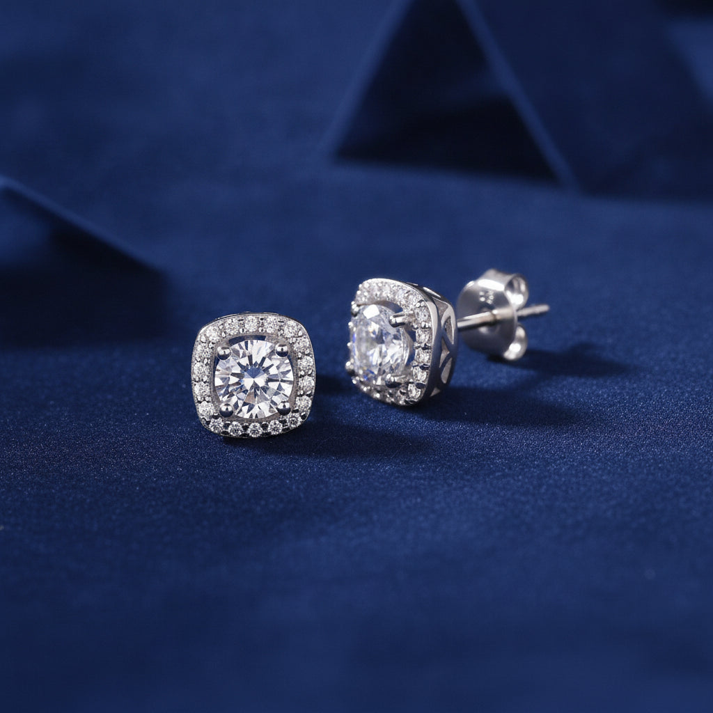 Square Moissanite Platinum Plated S925 Silver Stud Earrings